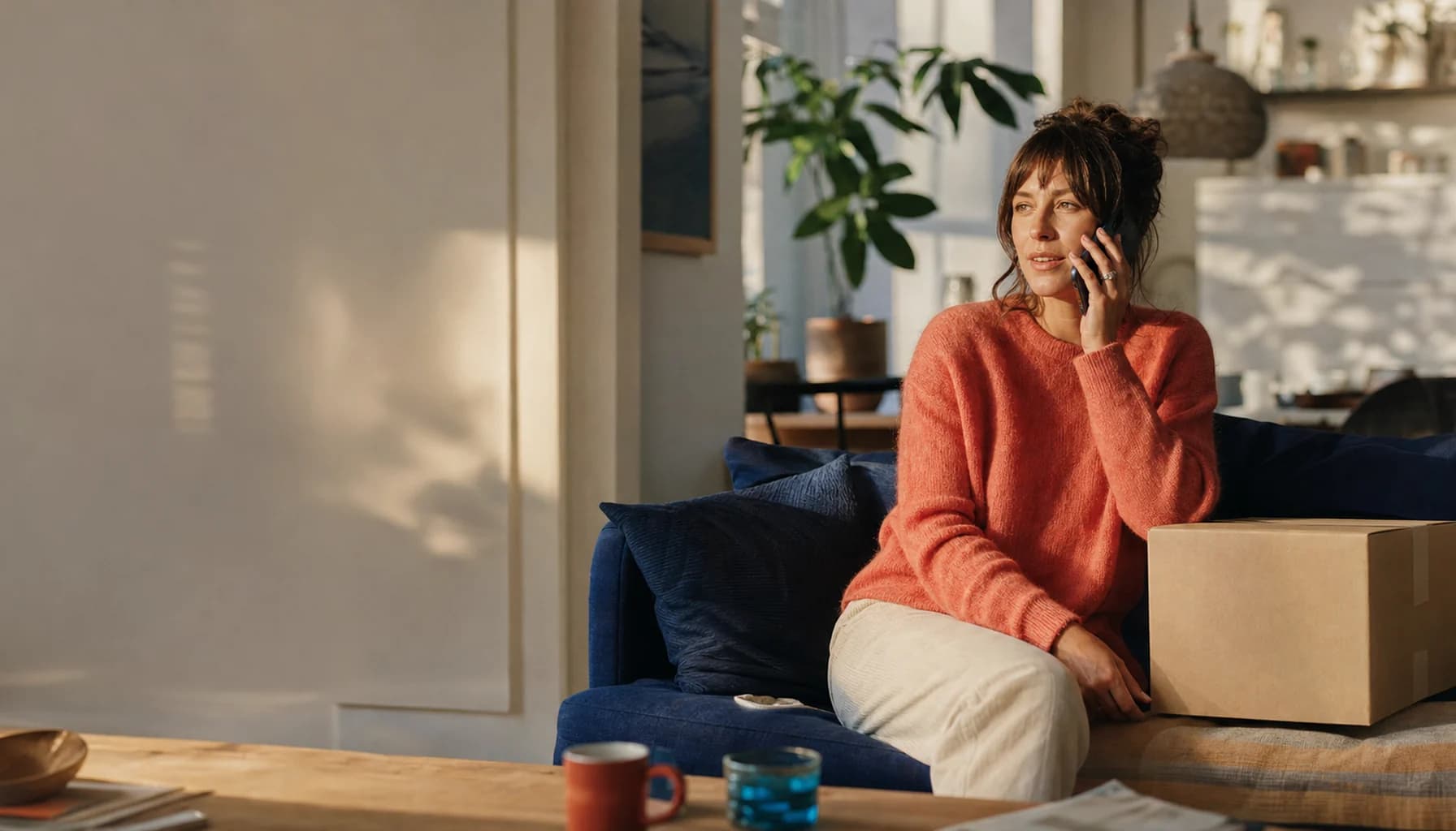 Customer answering a phone beside a delivered online order.