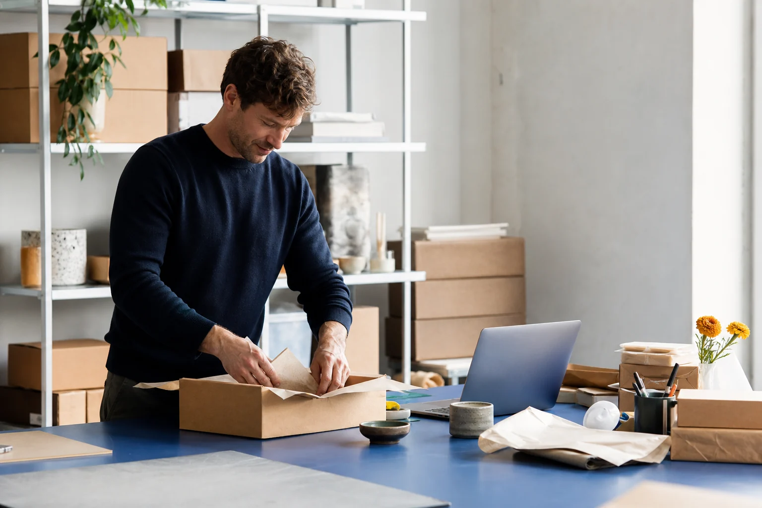 Online store operator preparing orders at a packing station.